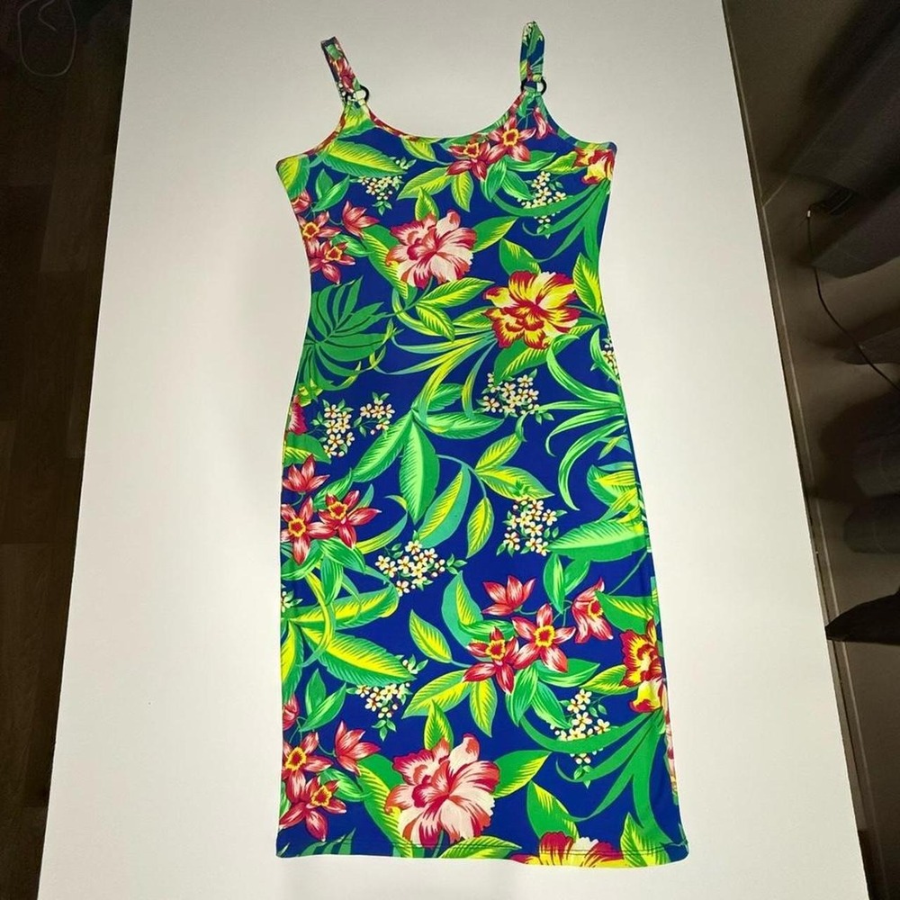 Jolie & Joy Tropical Floral Bodycon Dress Blue Hibiscus Sleeveless Large J3J3229